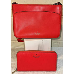 Kate Spade Coral Leather Adel Medium Top Zip Crossbody Purse w/ Match Wallet
